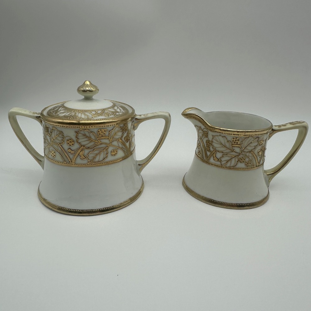 Antique Nippon Hand Painted Porcelain Sugar Bowl and Creamer Gold Gilt Moriage